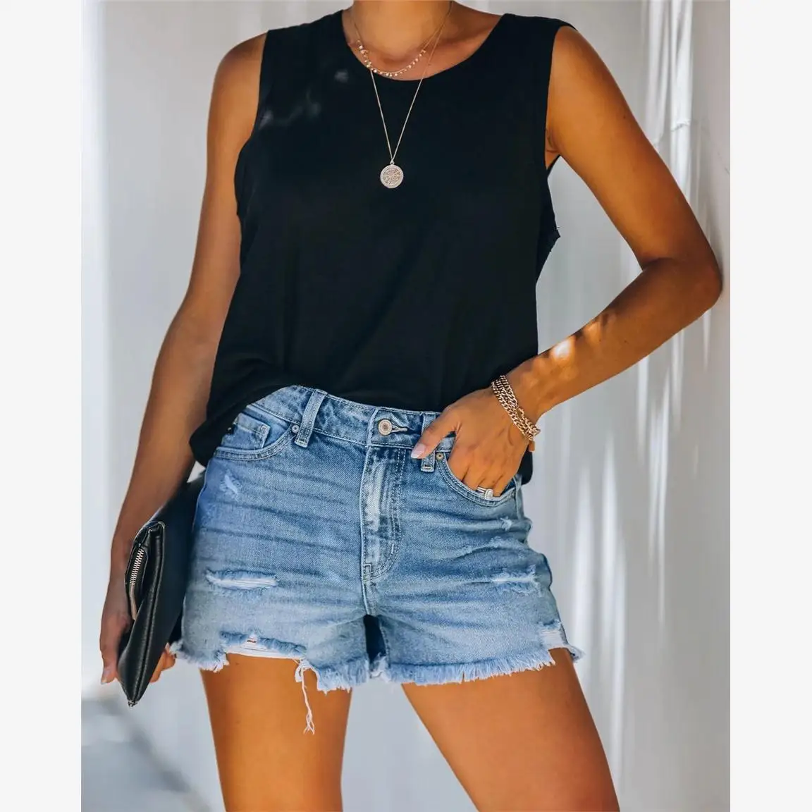 Denim strappato da donna Casual orts Asimmetrico Pendolarismo Sle l Vita Pantaloni a gamba dritta Stagione estiva Regular Thin