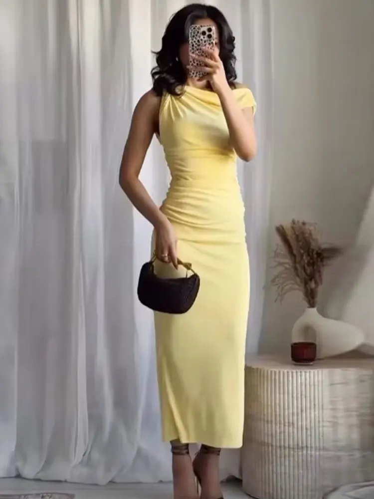 Hh elegante vestido amarelo para mulheres sem mangas drapeado midi vestidos sexy fora do ombro vestido de noite y2k verão férias vestidos