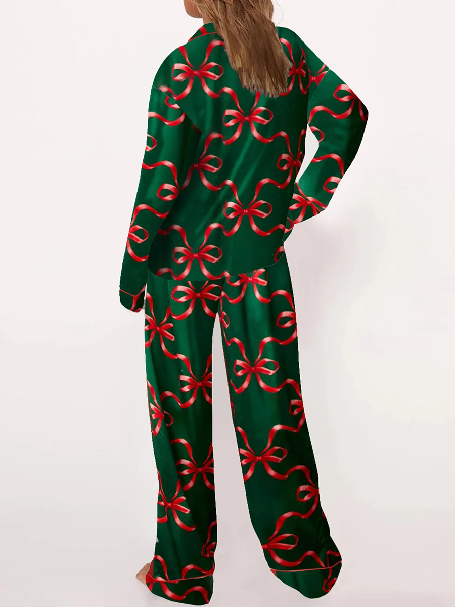 Women Satin Silk Christmas Pajamas Set Y2k Cute Bow Print Long Sleeve Shirts Lounge Set Two Piece Pjs Pants Sleepwear