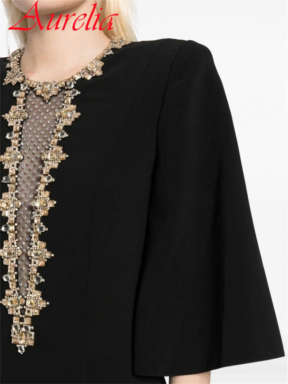 

Customized Delicate Black Jersey Evening Dress Exquisite Crew Neck Long Sleeves Cocktail Dress Classic Zipper Back Prom Dress