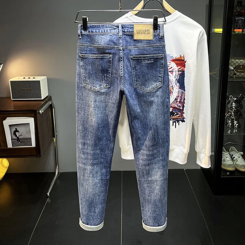 Jeans men's ripped trendy 2024 autumn retro high-end men's denim casual Stretch Slim Fit Ankle tight trousers