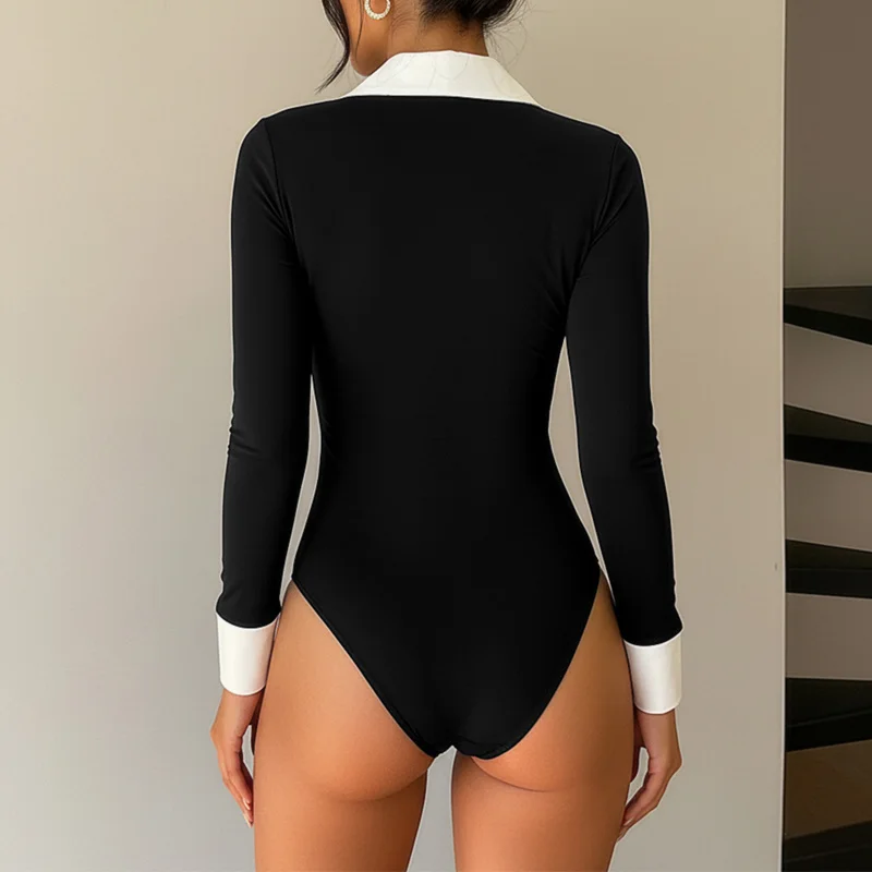 Benuynffy White Collar 2 In 1 Bodysuit Women's Spring Fall Black Long Sleeve Bodys Female Casual Office Slim Fashion Tops