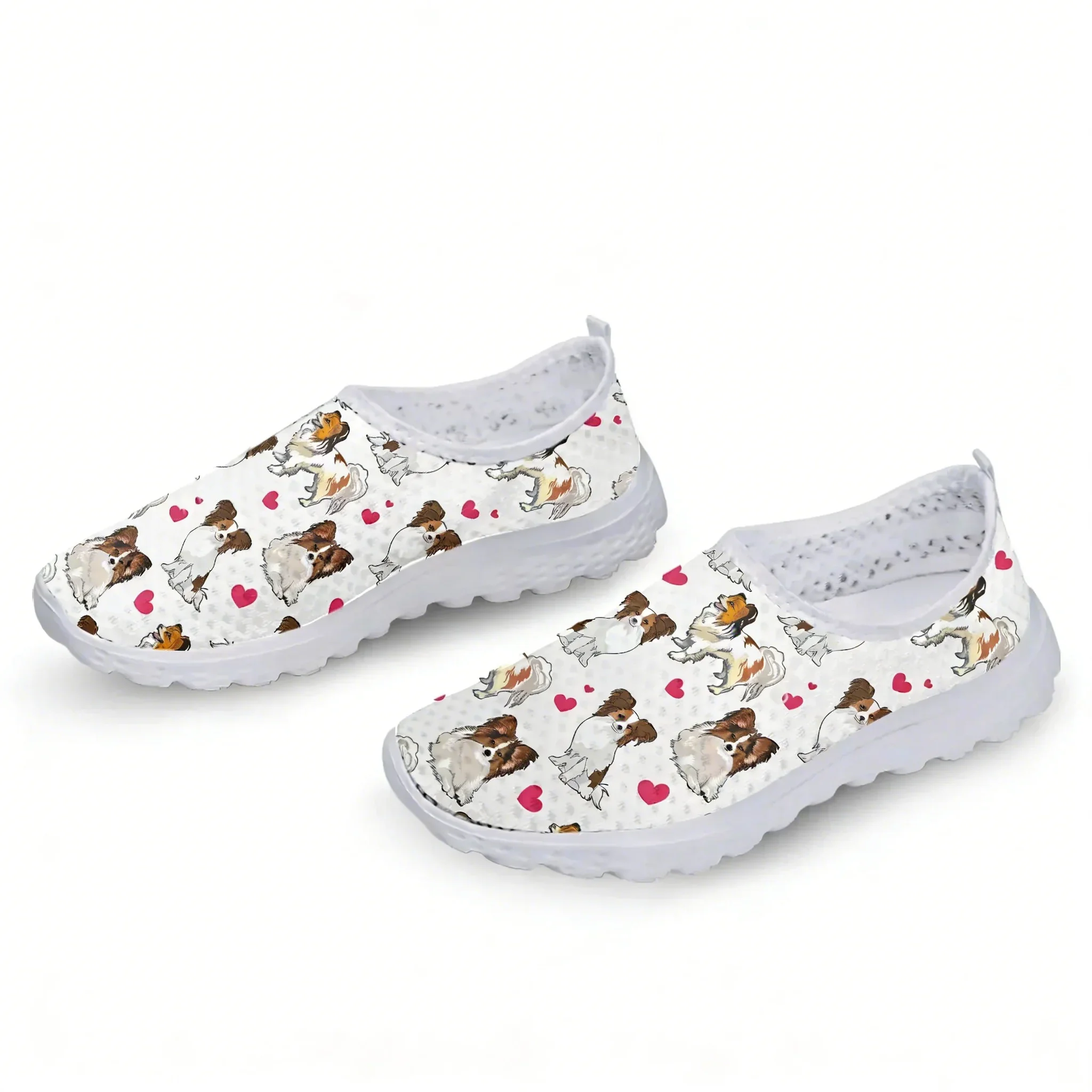 Lovely Papillon Dog Print Heart Mesh High Quality Sneakers Women Men Teenager Casual Fashion Custom Made Tennis Flat Couple Shoe