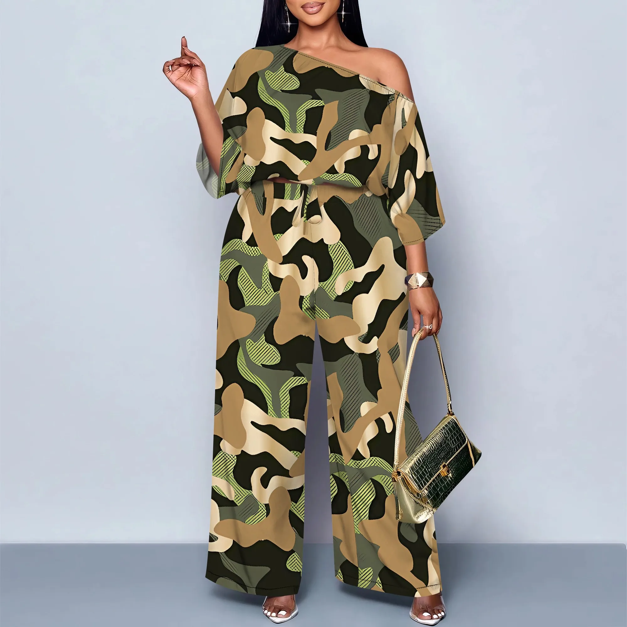 

Nupusa Women's One Shoulder Camo Print Two Piece Set for Casual Outings