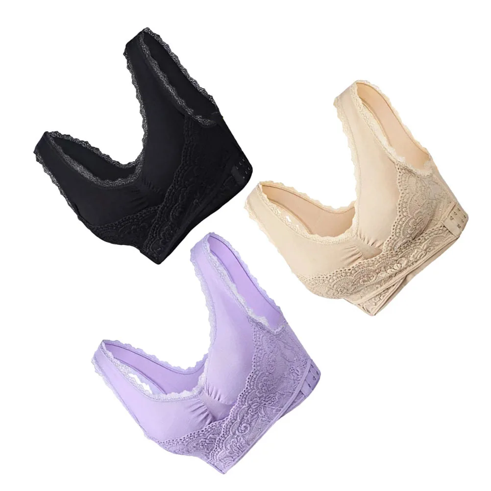 

3Pcs Sports Bra No Steel Ring Soft Comfortable Front Buckle Lingerie for Women Ladies Purple Black Flesh M Size