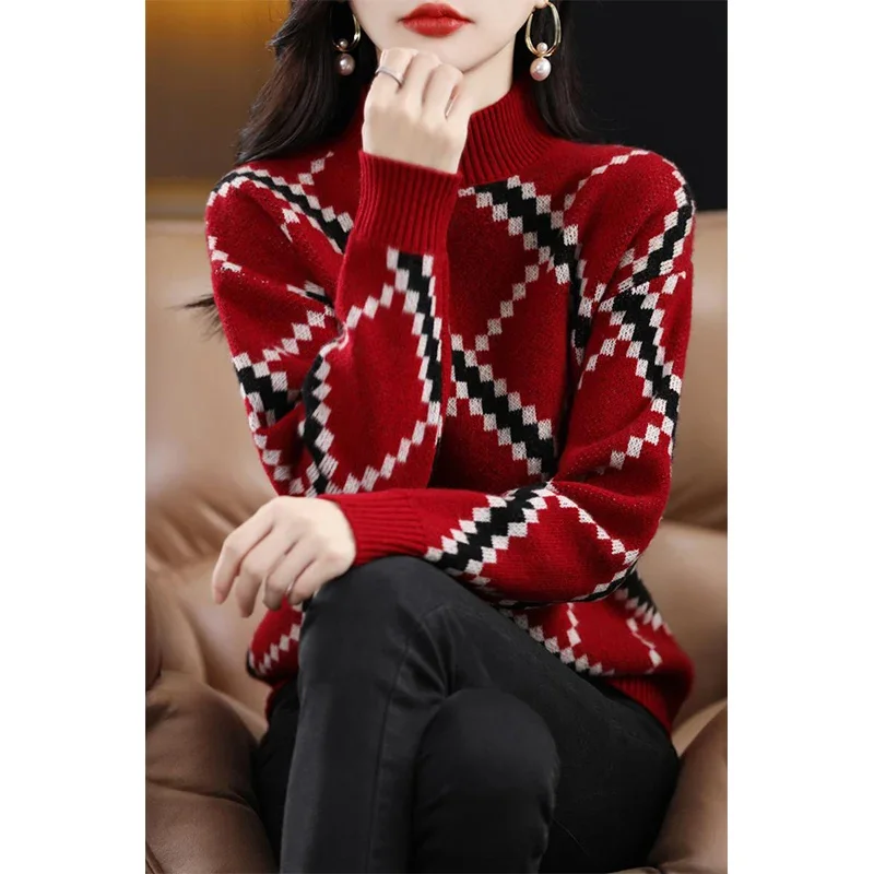 Women Chic Striped Fashion Loose Thick Sweaters Winter Long Sleeve Plaid Jacquard Woollen Sweater New Knitted O-neck Pullovers