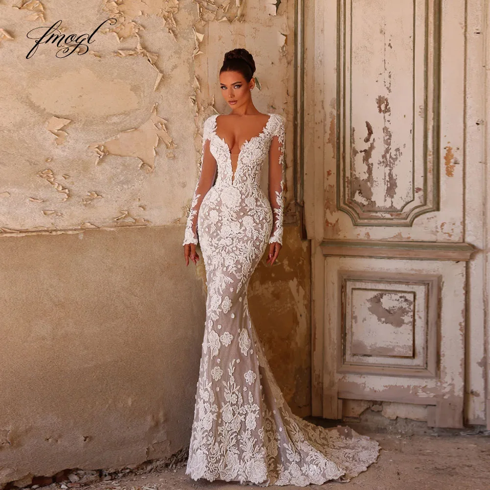 

Customized Scalloped Long Sleeve Classic Mermaid Wedding Dresses Lace Embroidery Sexy Vestido De Novia Vintage Bridal Gowns