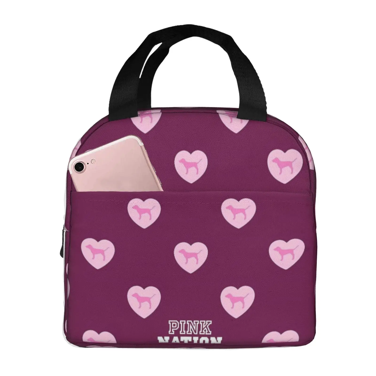Love Pink Dog Heart Pattern Series Print Lunch Tote Bag Insulated Leakproof Lunch Box Container with Front Pocket for Girls Boys