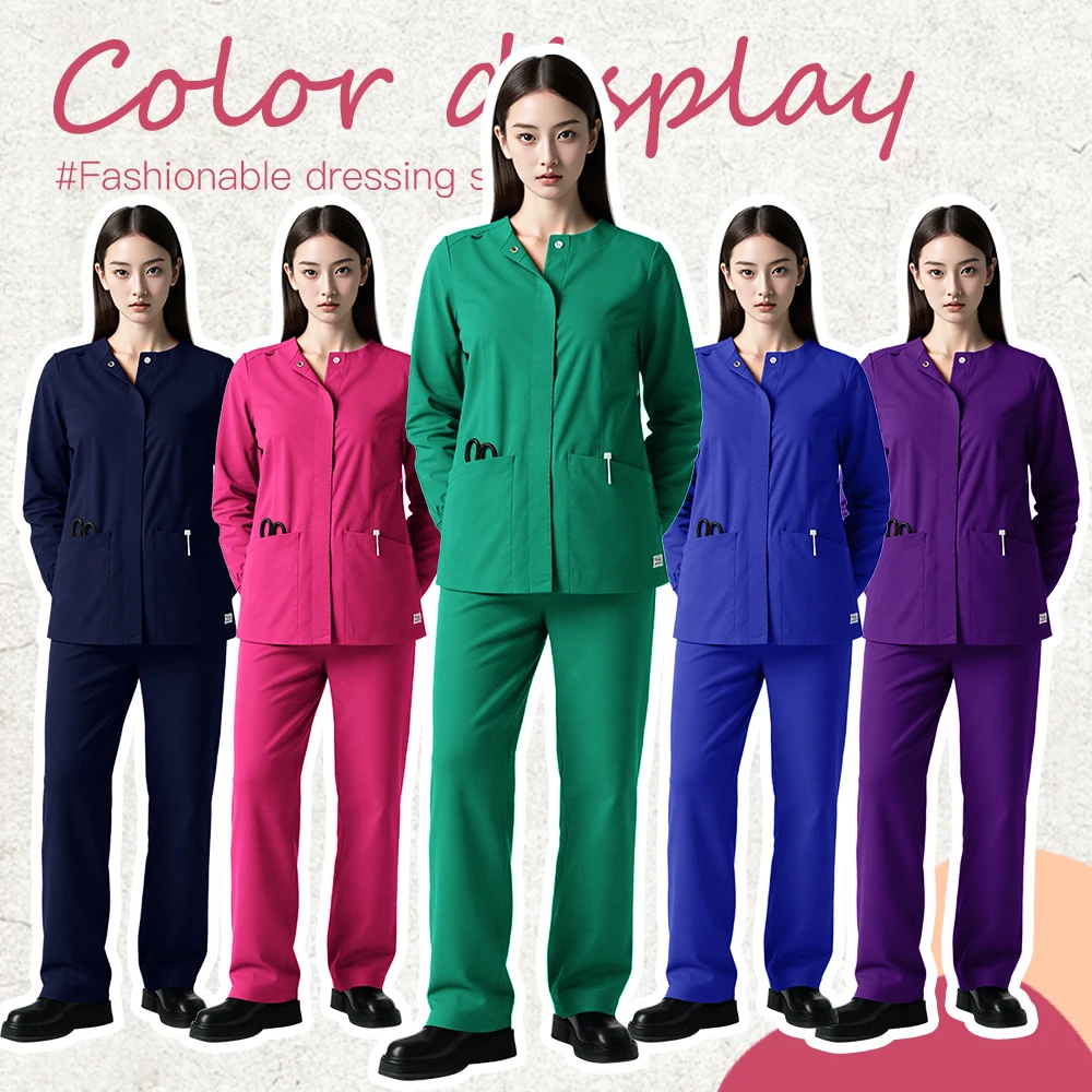 أطقم فرك طبية بأكمام طويلة زي موحد للنساء للممرضات الصلبة بدلة فرك المستشفى الزي الجراحي ملابس عمل لصالون التجميل السريري