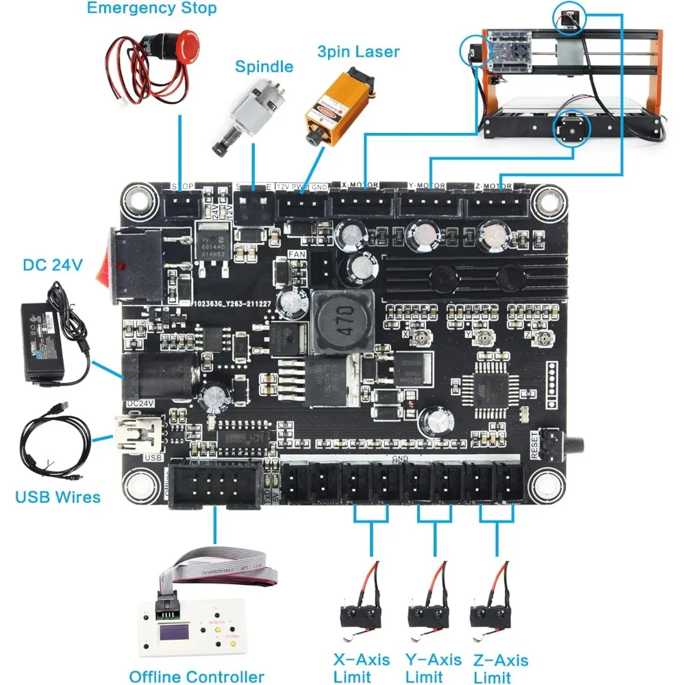 Imagem -06 - Cnc Router Machine Kit com Interruptores de Limite e Parada de Emergência Faça Você Mesmo Mini Controle Grbl 3018 Pro Fresagem Eixos Upgrade 3018