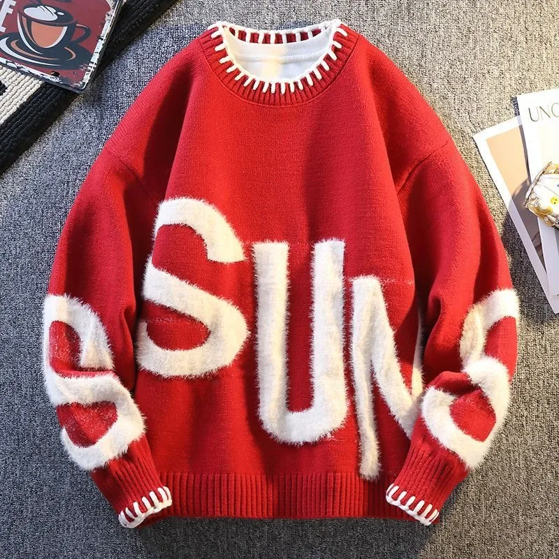 

New Men's Black Pullover Sweater American Classic Men's Red Sweater Color Blocked Warm Top Fashionable Men's Clothing 2025 New