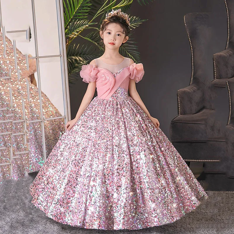New Girls' Dress Pink Sequin 2025 New Style Elegant Children's Princess Dress for Fashion Show Model Piano Performance