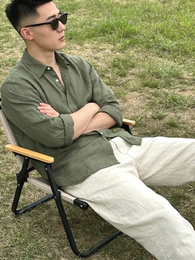 

Sun Protection Military Green Cotton Linen Shirt Men's Thin Breathable Slim Fit Long Sleeve Lyocell Linen Crease Casual Workw...