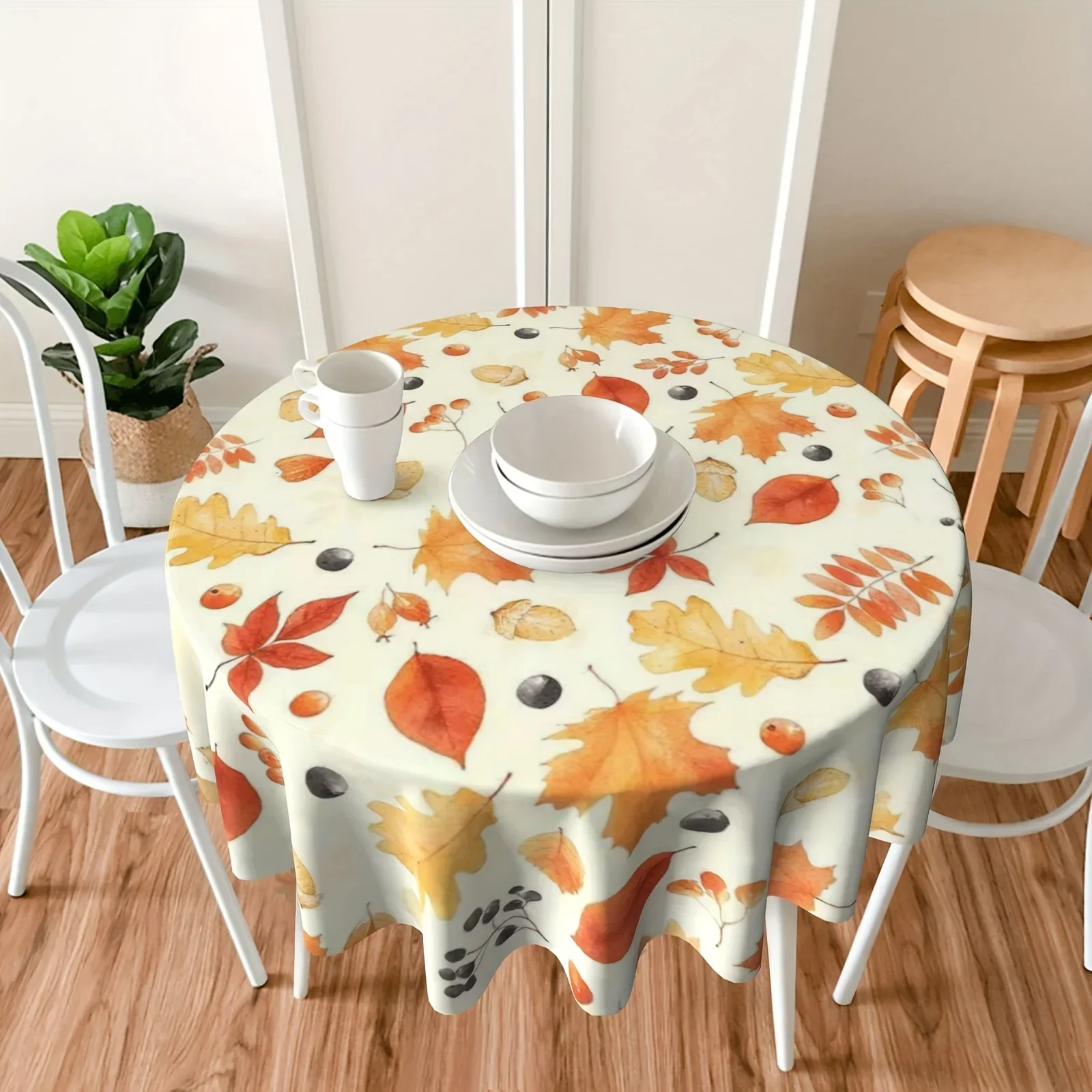 One extra-large round tablecloth - Cherry Leaf Autumn Tablecloth, in yellow and orange colors.yzb