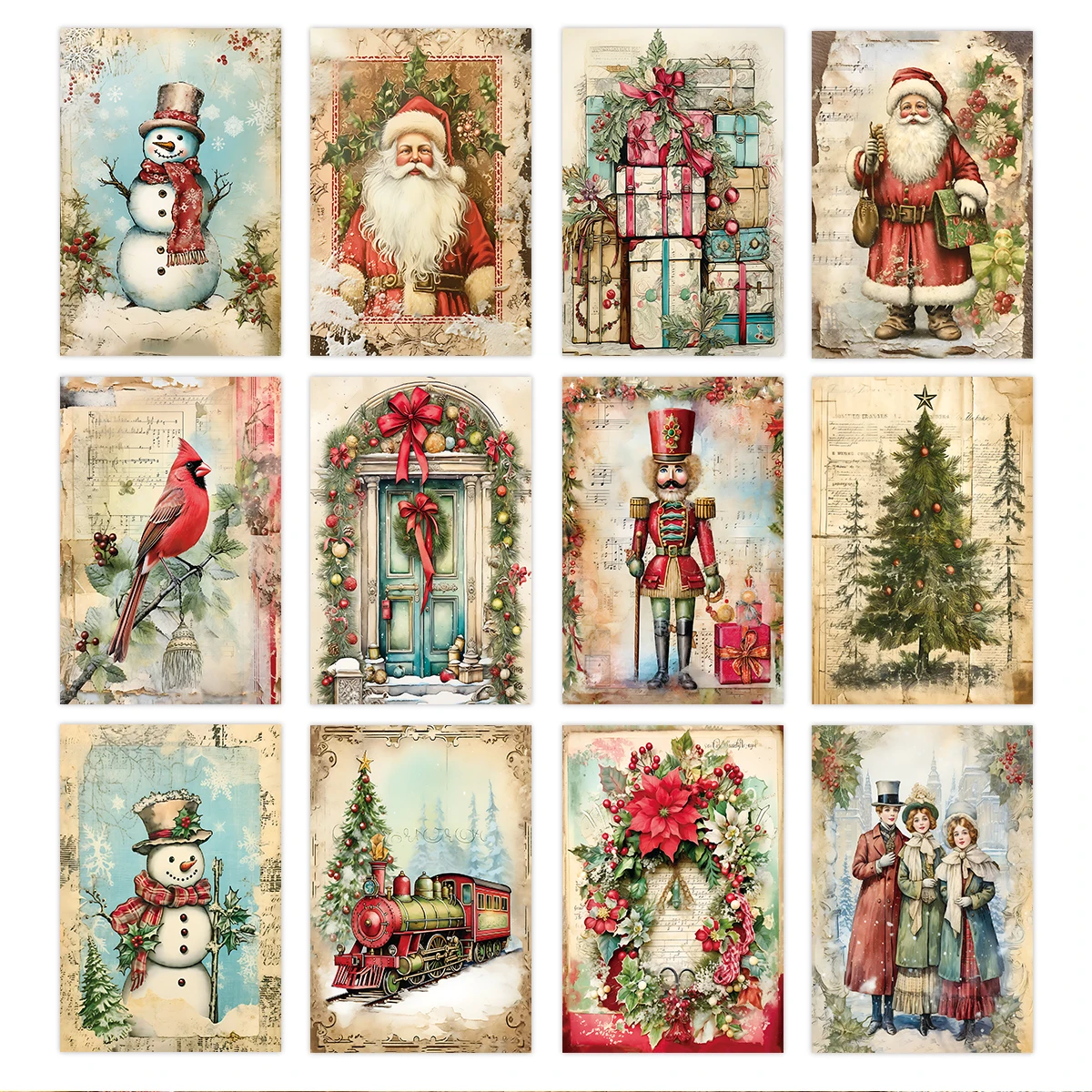 12 Stück Vintage-Weihnachtswandkarten mit Aufklebern – dekorative Karten für Weihnachten, Zuhause, Party, Wanddekoration, Scrapbooking, Geschenkanhänger und DIY-Handwerk – Detail 1
