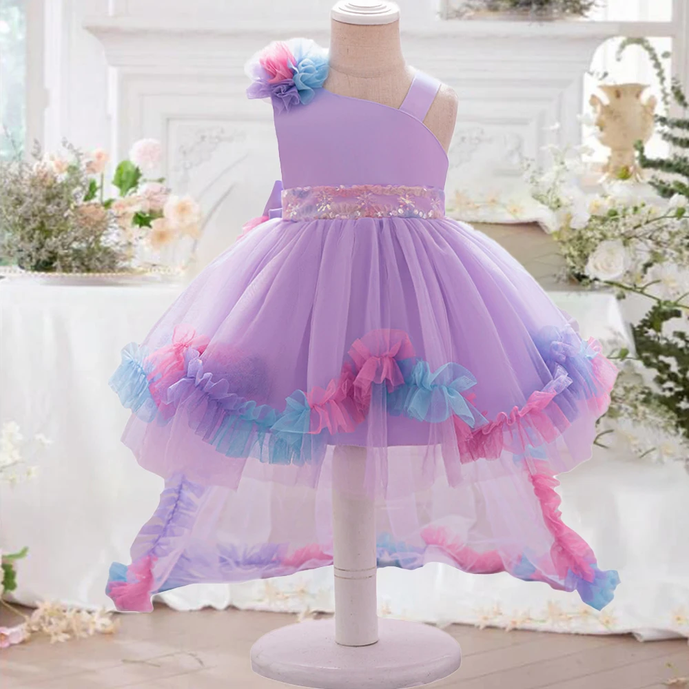 

Luxury Girls Purple Wedding Floral Dress Kids Trailing Party Dresses For Baby Girl Princess Fancy Gown Toddler Christening Wear