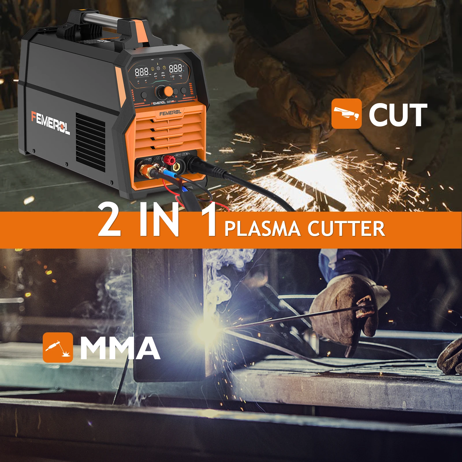 FEMEROL 2 In 1 60A Plasma Cutter 110/220V 200A Stick Welder Non-Touch Pilot Arc Large LED Display IGBT Plasma Cutting Machine