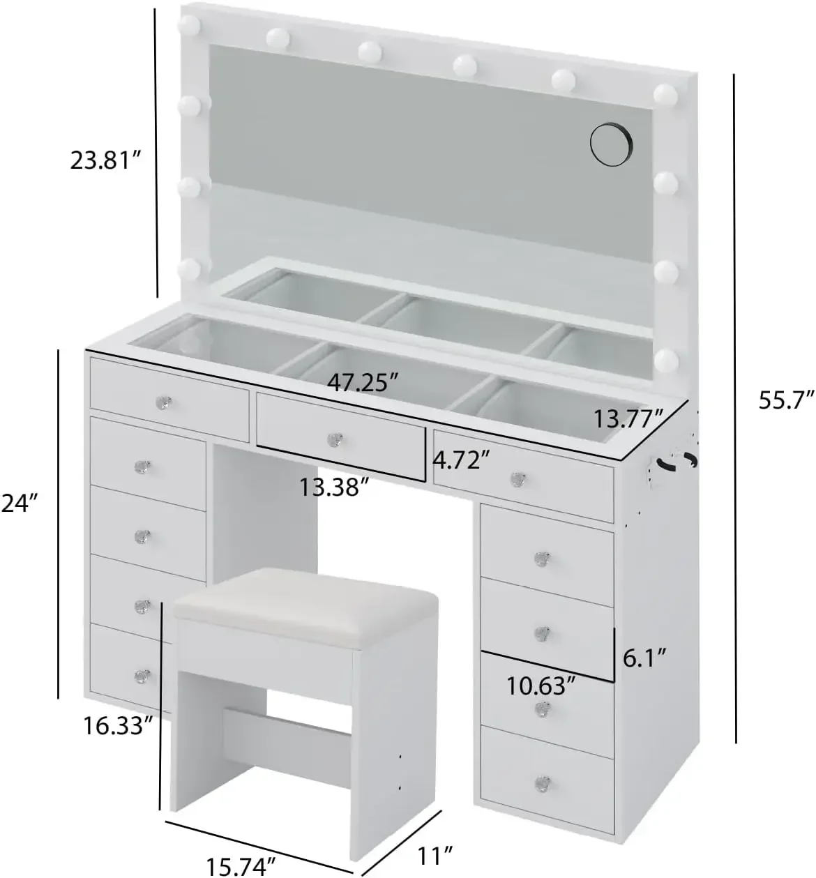 Vanity Desk with Power Outlet, Makeup Vanity with Mirror and 12 LED Lights, 3 Lighting Modes, 11 Drawers Vanity Table with Chair