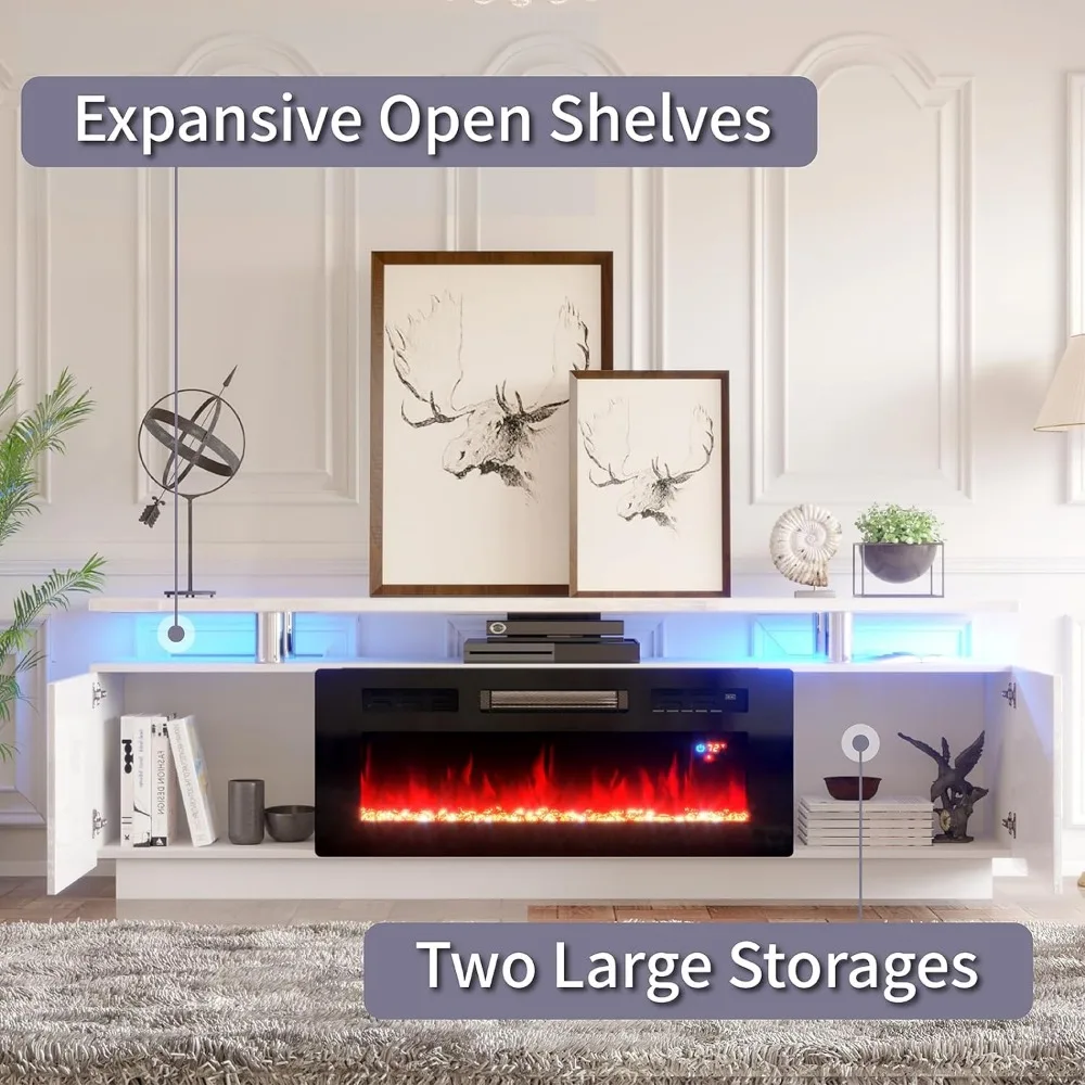 Open Haard Tv-Standaard Met 36 "Open Haard, 70" Moderne Hoogglans Open Haard Entertainment Centrum Led Verlichting