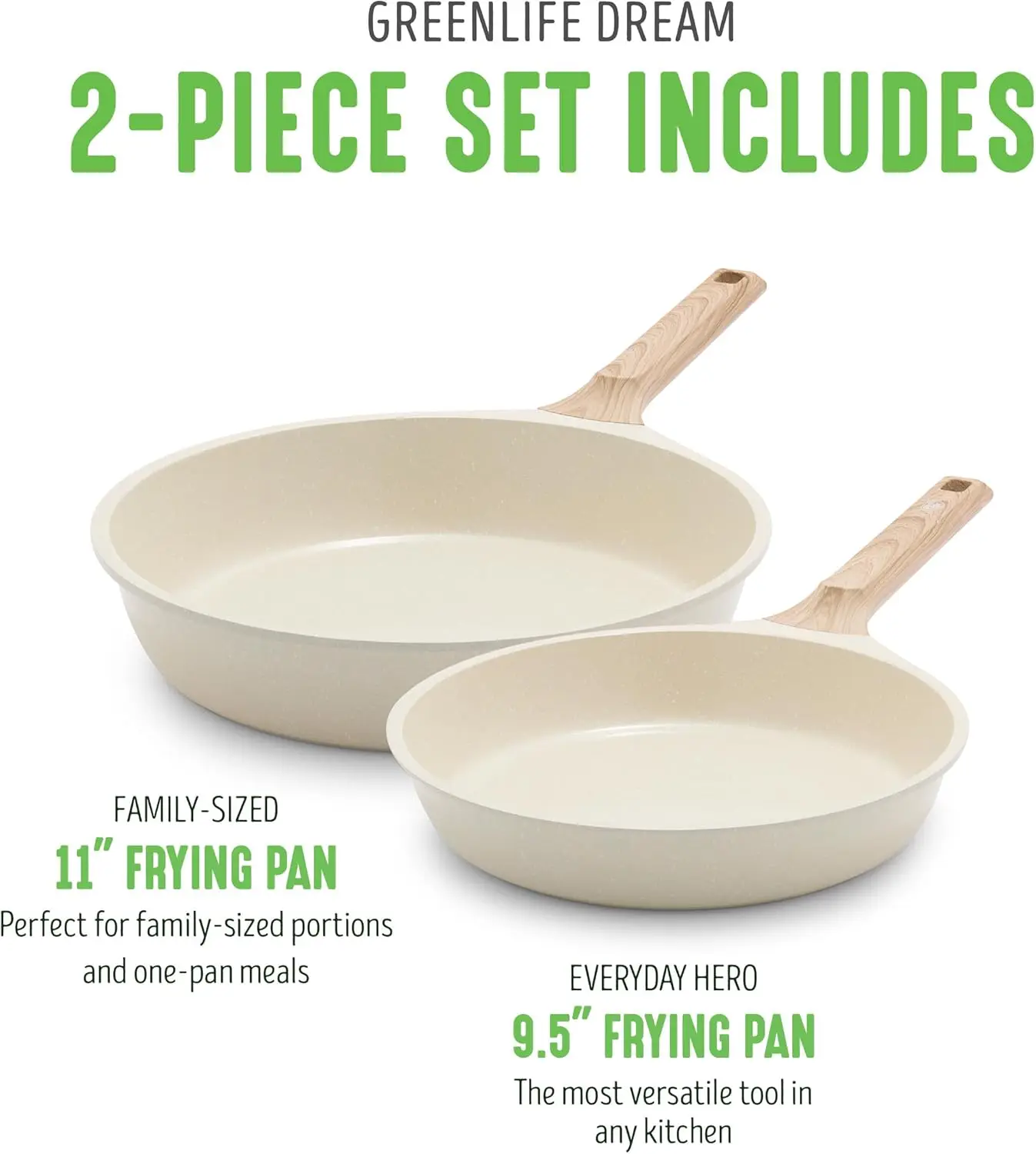 Arte 2 Piece 9.5” and 11” Frypan Set, Induction Suitable, PFOA & PFAS Free, Wood Print Handles, Glass Lids, Stock Saucepans