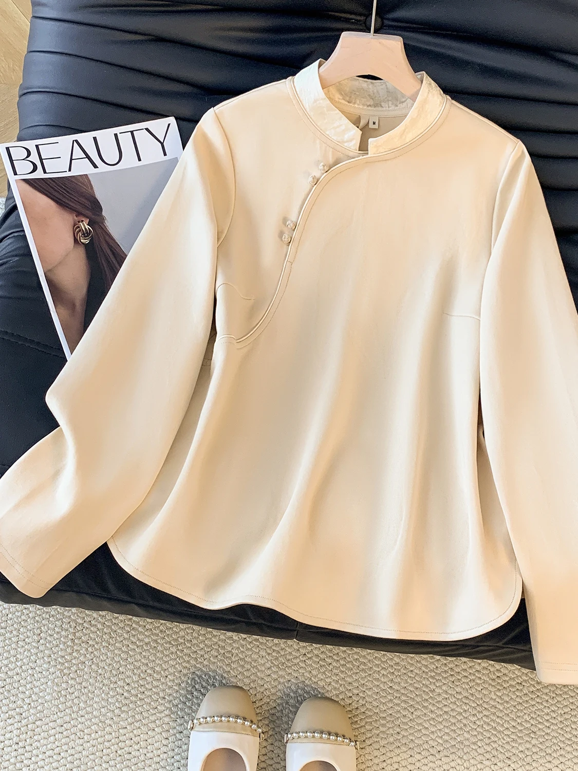 

Artistic Pure Color High Densi Soft New Chinese Sle Button Knitwear Large Size Women's Oblique Chest Stand Collar Long Sl...