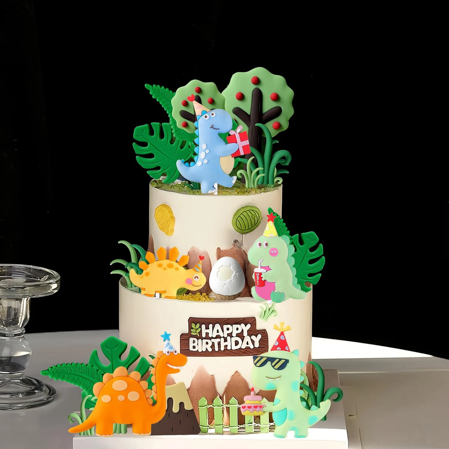 15 Stück Cartoon-Dinosaurier-Kuchenaufsätze, niedliche Dino-Ei-Blätter, Gras, Vulkan-Kuchendekorationen für Kindergeburtstag, Babyparty, Dinosaurier – Detail 16