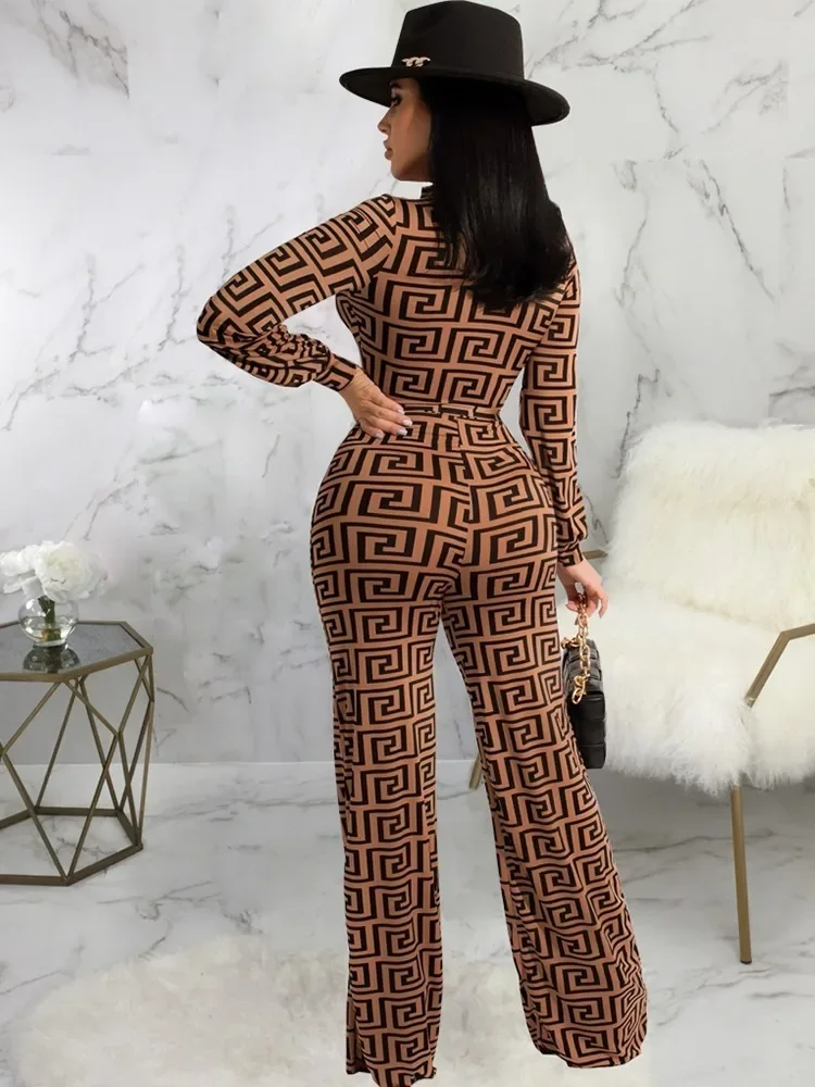 Geometric Printed Zipper Design Lace Up Jumpsuit One Fashion Casual Pieces for Women Tracksuits Elegant Female