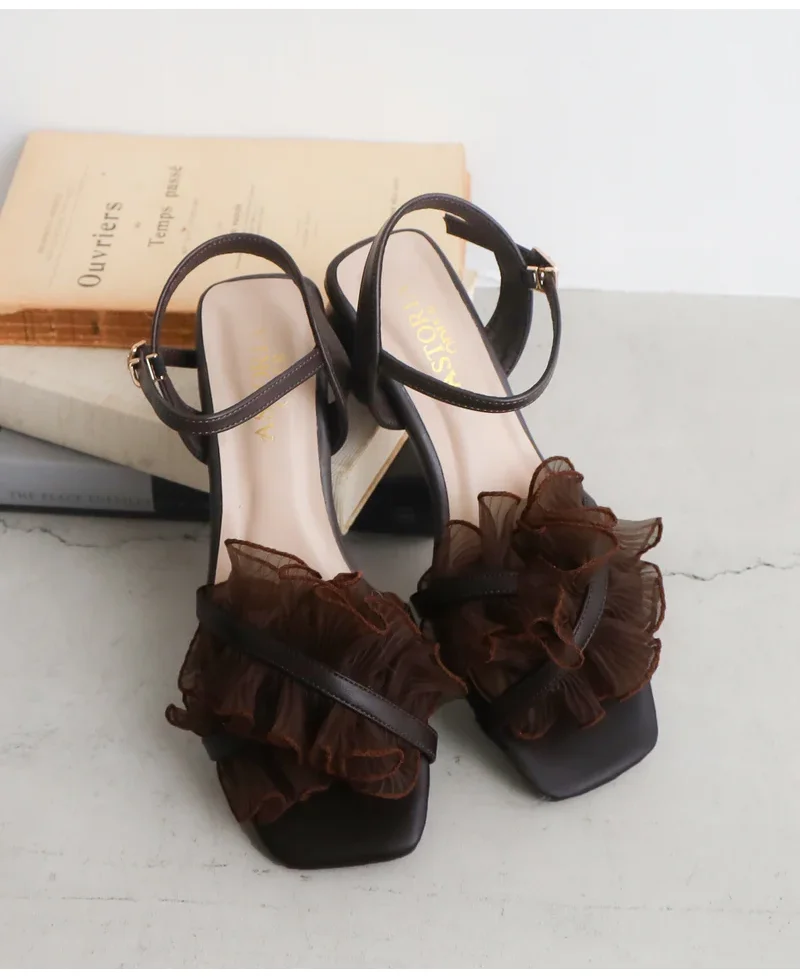 Summer Legs Long Middle Heel Version Fairy Sandals Japanese Sweet Ruffle Edge Gentle Thick Heel with Square Heel Open-toed Girl