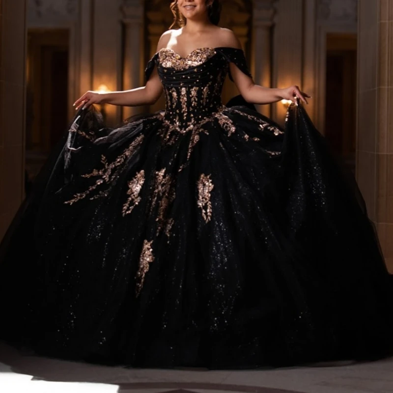 

Black Shiny Quinceanera Dresses Off The Shoulder Gold Applique Lace Beading Crystal Tull Party Birthday Sweet 16 Dres Vestidos