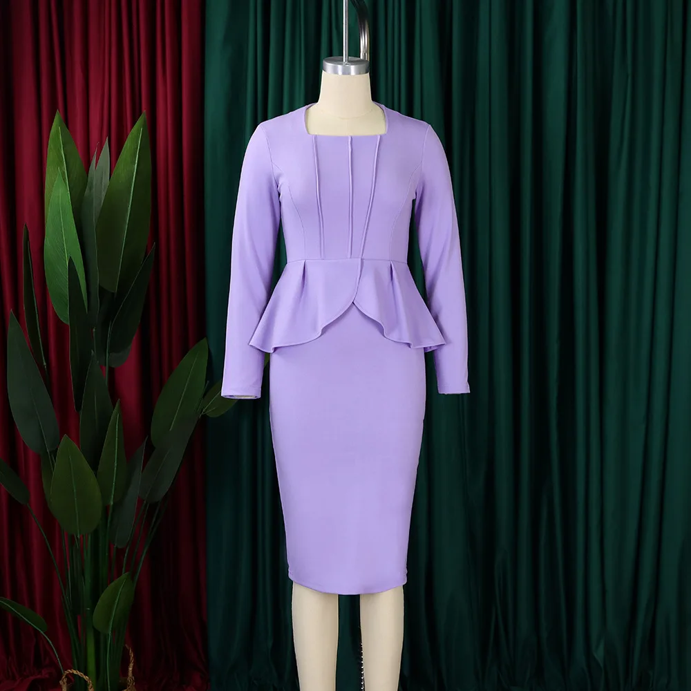 Prowow-Robe Mi-Longue Élégante à Volants pour Femme, Tenue de Bureau à Manches sulf, Col Carré, Couleur Unie, Nouveau Design, 2024