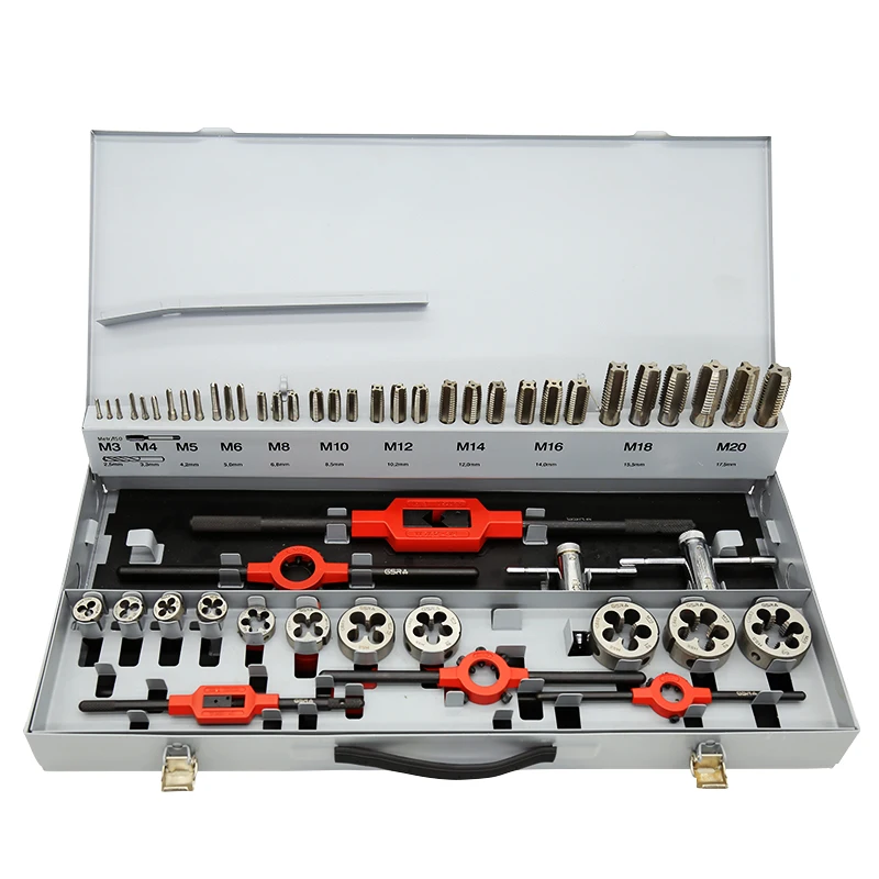 

factory price 54 pcs M3~M20 tool set hss DIN 352 Hand Tap and die Tap Wrench set in grey Metal Box