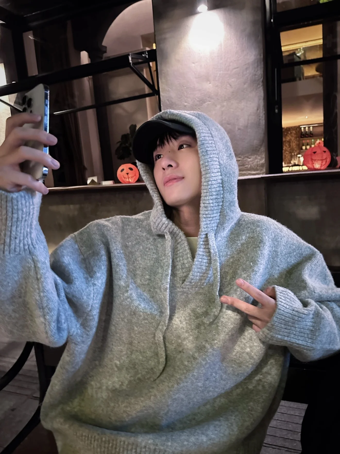 

American Sle Heavyweight Light ey Dstring Hooded Knitwear Top Men's Winter Lazy Casual Versatile Sweater Couple