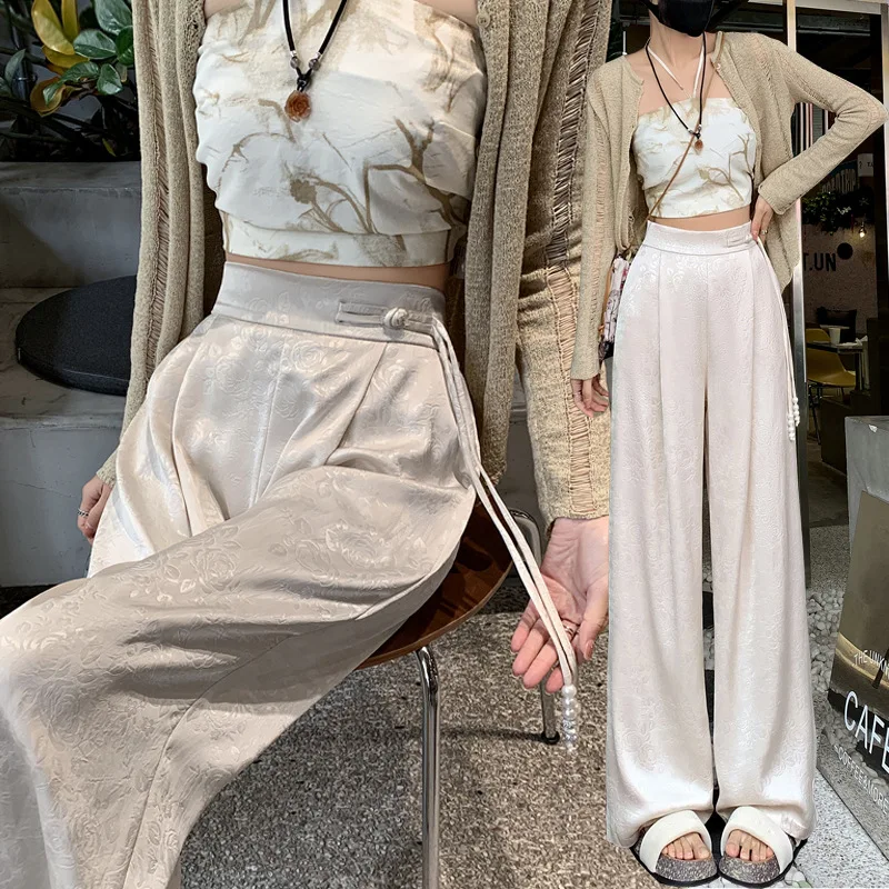 

New Chinese Style Satin Jacquard Wide-leg Pants Women 2024 Summer New High Waist Slim Casual Mopping Pants Casual Women's Wear