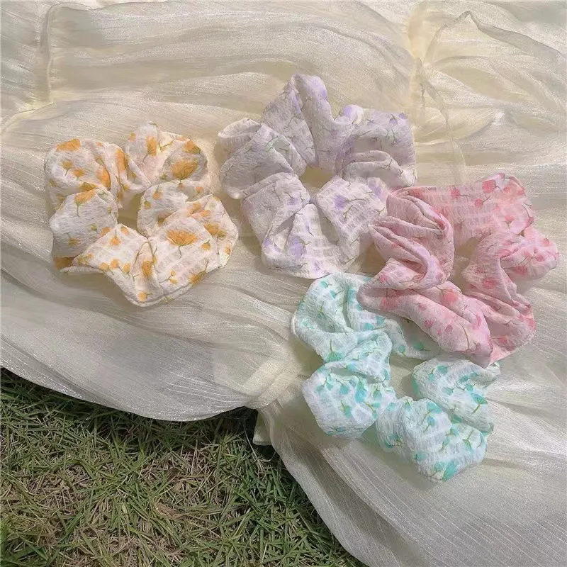 1pcs Sweet Floral Printed Hair Scrunchies Women Girls Elastic Large Intestine Hair Ring Ponytail Holder Rubber Band