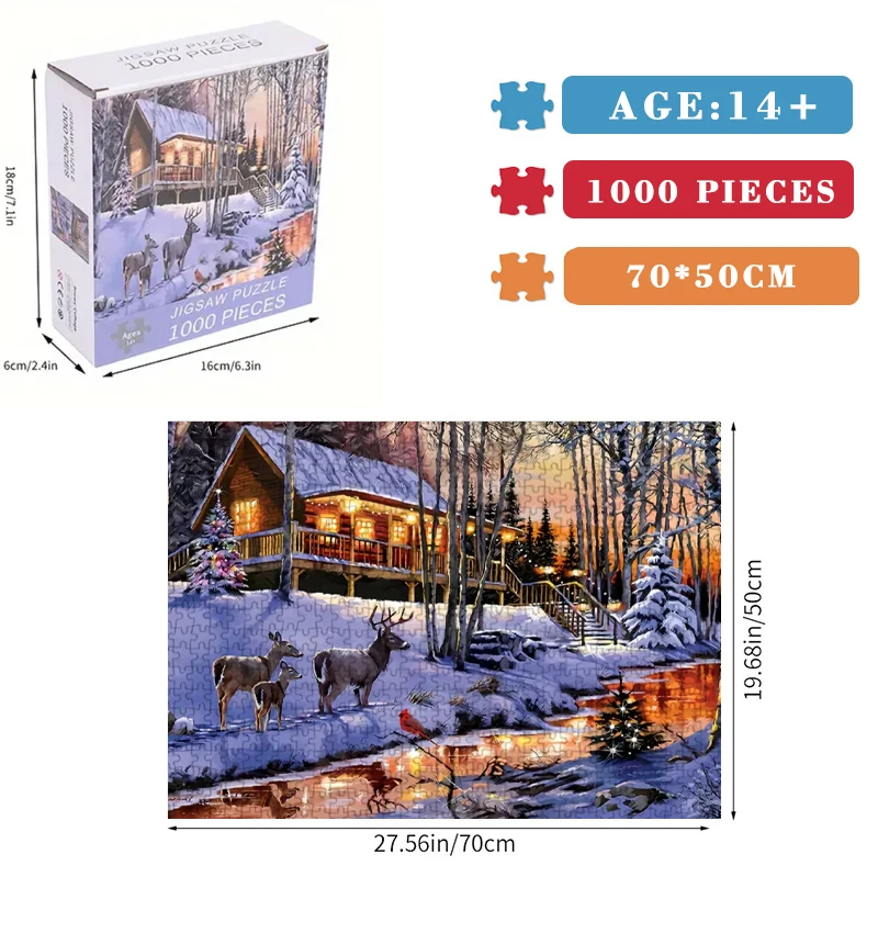 70cm * 50cm 1000 pçs inverno neve cottage coleção quebra-cabeça quebra-cabeça adulto alívio do estresse quebra-cabeça decoração do escritório decoração da parede casa