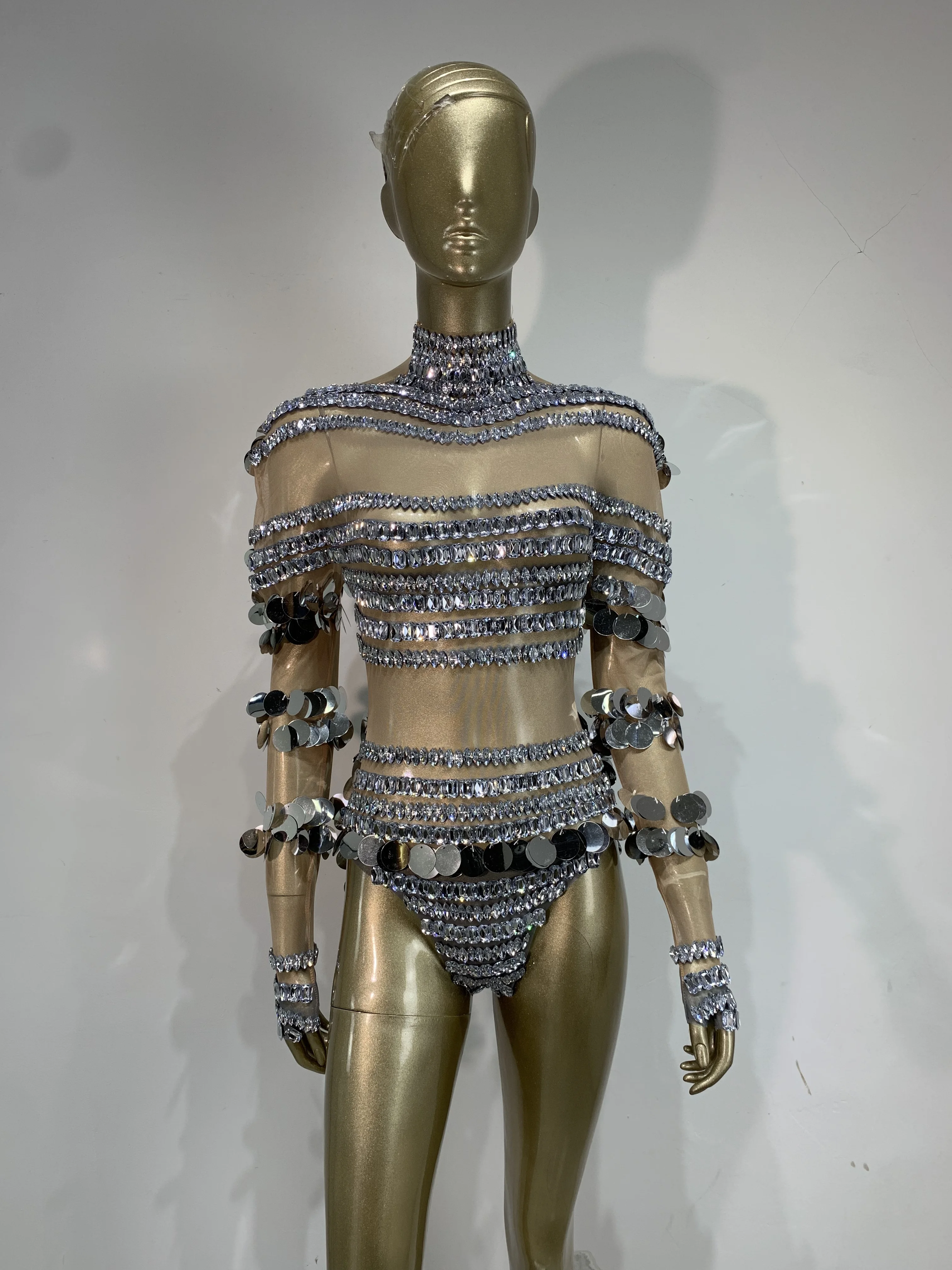

Women Sexy Mesh See Through DiamondSequins Bodysuit Luxury Birthday Dancer Performance Costume Nightclub Stage Outfit