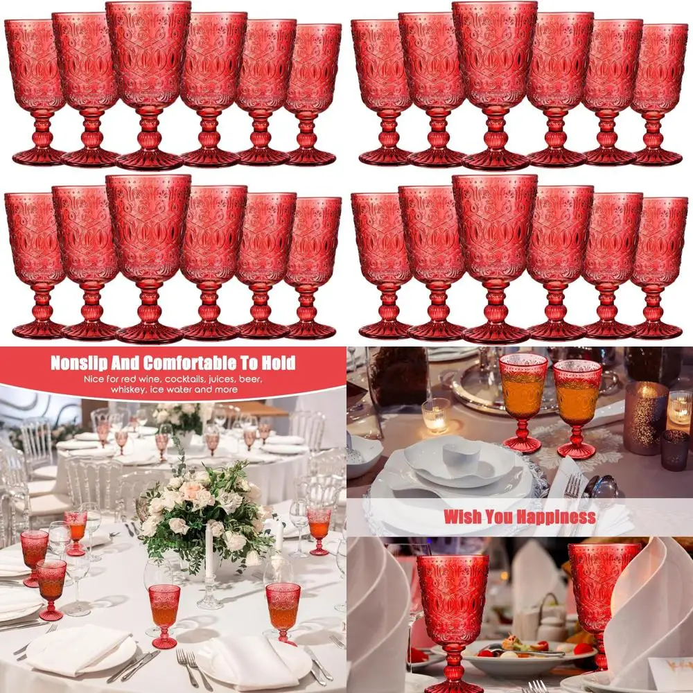 

Set of 12 9 oz Vintage-Style Red Colored Stemmed Wine Glasses, Embossed Glassware for Special Occasions and Celebrations
