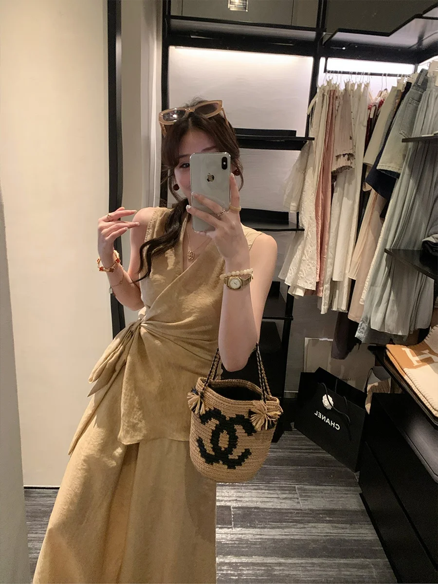 

MUKOK Art Gallery Light Maturi Sle Svel High Waist Wide Leg Set Chinese Sle Vest Faionable Tee Piece Women's ...