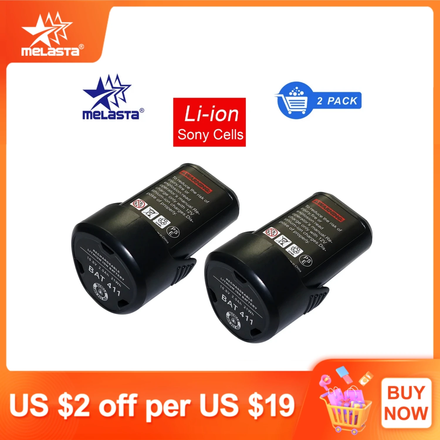 

Melasta 2pcs BAT411 Power Tools Battery For Bosch 10.8V 2000mAh Li-ion Drill 2 607 336 013, 2 607 336 014, 2 607 336 333 2.0Ah