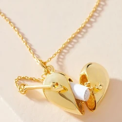 Fashionable Gold Plated Heart Box Pendant Necklace Women's Openable Heart Album Collarbone Chain Valentine's Day Gift