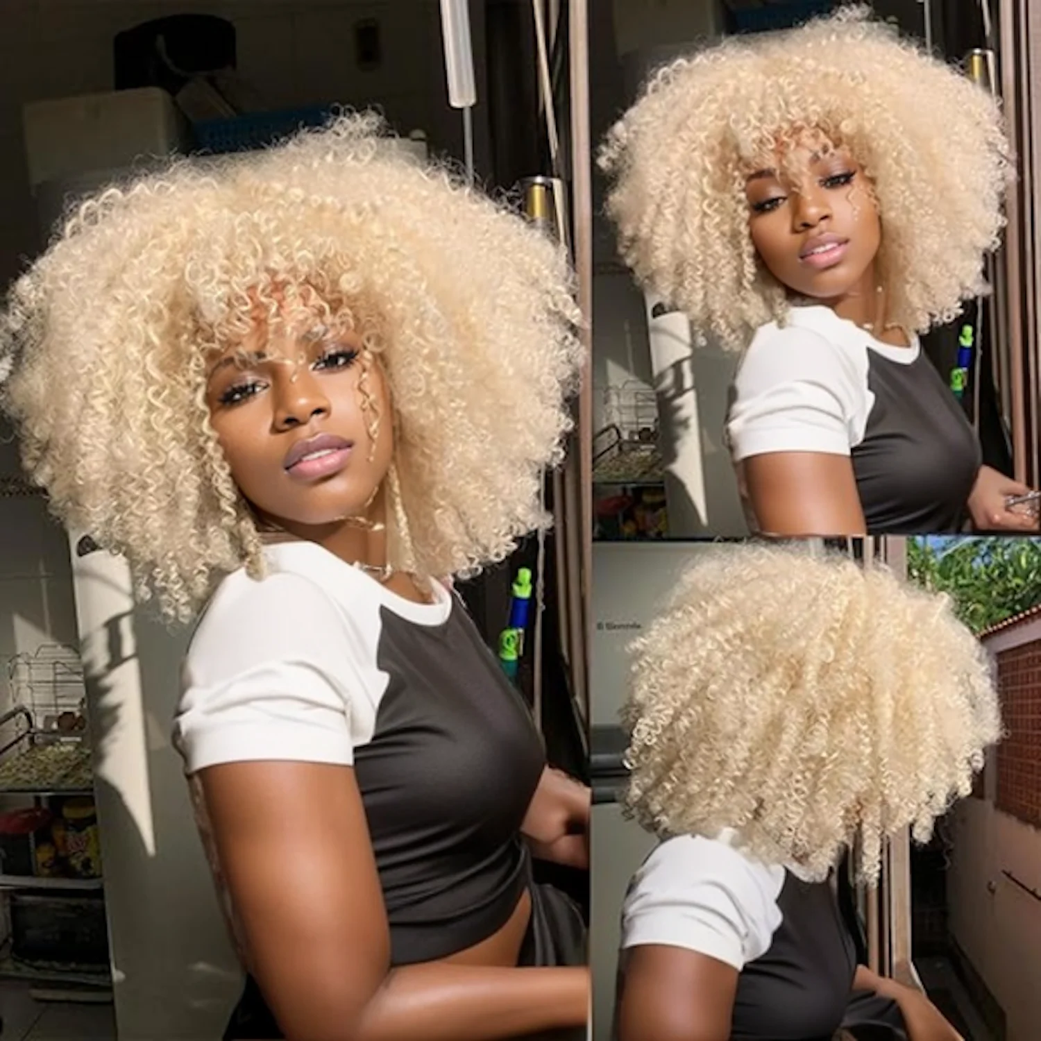 

WIGERA Synthetic Curly Wigs For Black Women Platinum Afro Curly Wig With Bangs Short Kinky Curly Wigglueless