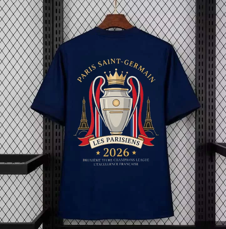 T-shirt de football PSG Double Champion 2026 pour Homme et Femme, Mode Été Y2K, en Coton Respirant et à Séchage Rapide