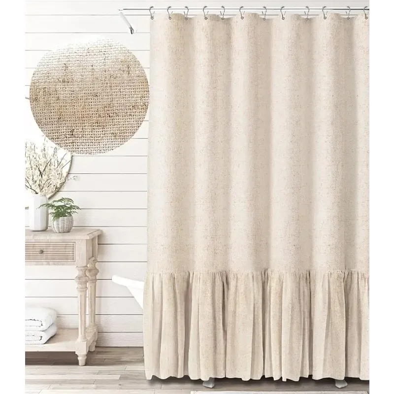 

Farmhouse Shower Curtain Ruffle Linen Textured Boho Shower Curtain for Bathroom, Beige 72" W x 72" L