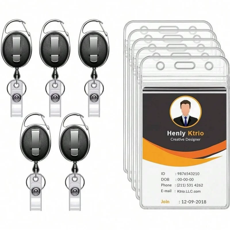 ID Badge Holders With Clip Badge Reels - Vertical Clear Plastic ID Card Holder