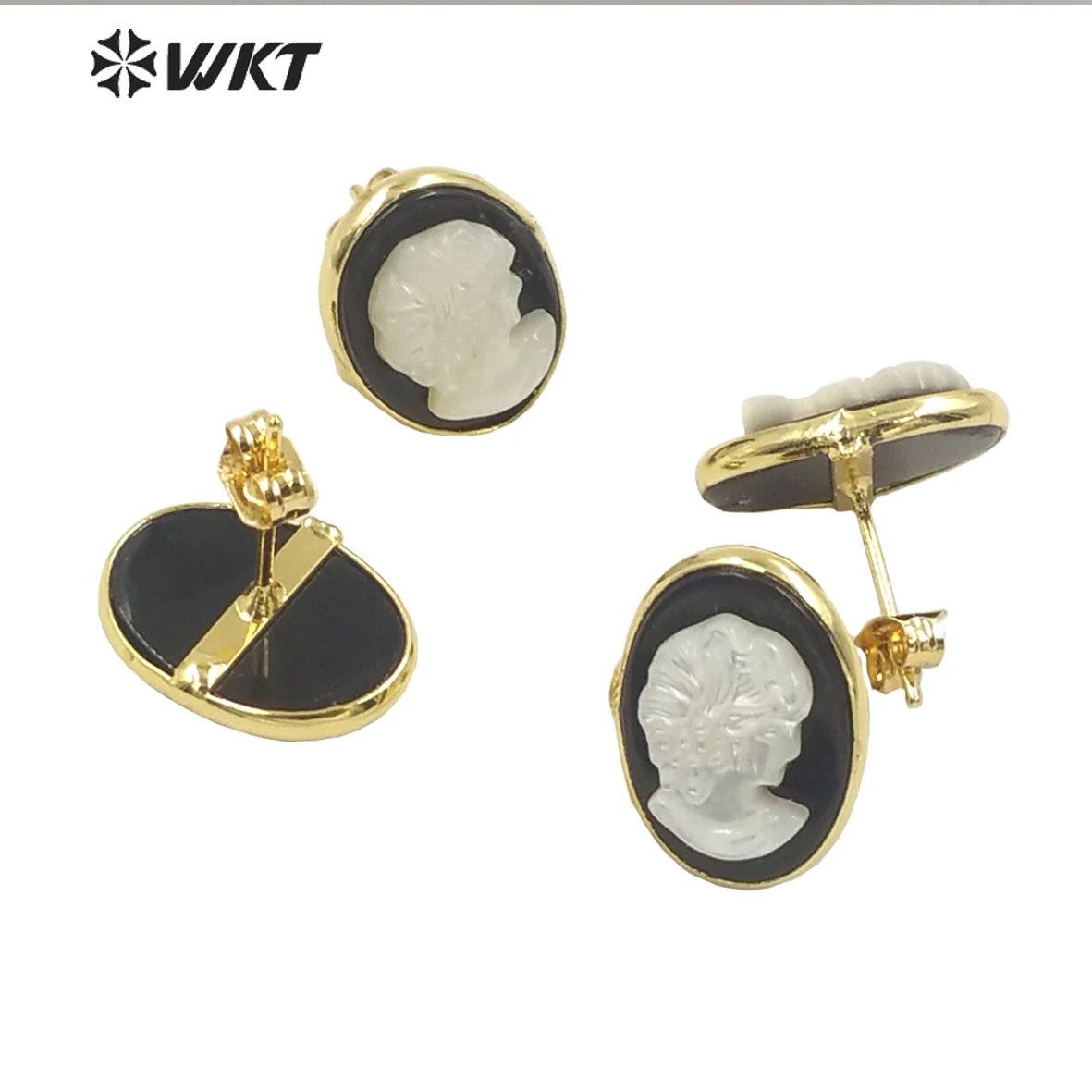 

WT-MPE071 Amazing Mother Of Pearl Earrings Gorgeous Lady Head Carved Shell With Black Agates Gold Edged Women Jewelry Gift