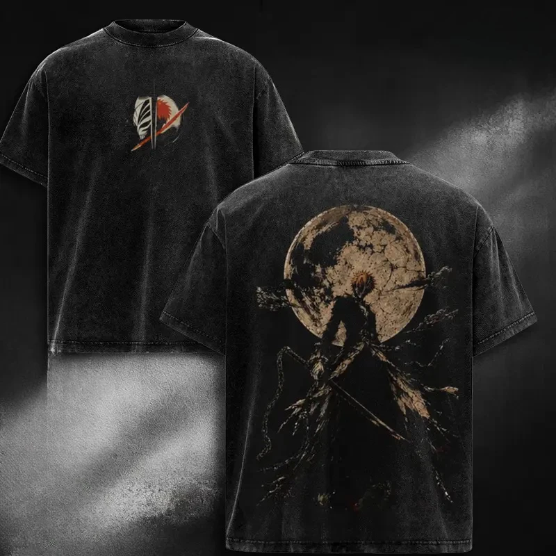 Kurosaki Ichigo BLEACH Harajuku Retro T Shirt Men Clothing Anime Printed Vintage Washed Streetwear Oversized Pure Cotton T-shirt