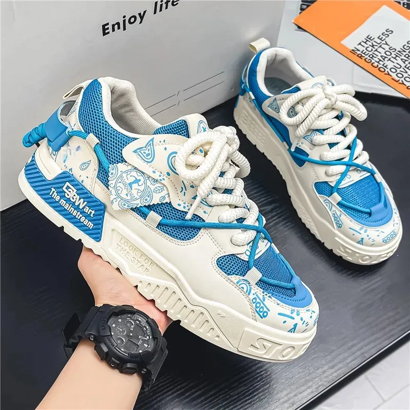 Trendy Wear-Resistant Men's Shoes Sporty Casual Youth Shoes With Thick Sole Student Korean Style Low Top Net Face White Shoes