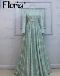 Muslim Mint Green A Line Long Sleeve Evening Dress Women Heavy Beaded Party Dressess For Weddings Caftan Marocain Luxe Mariée