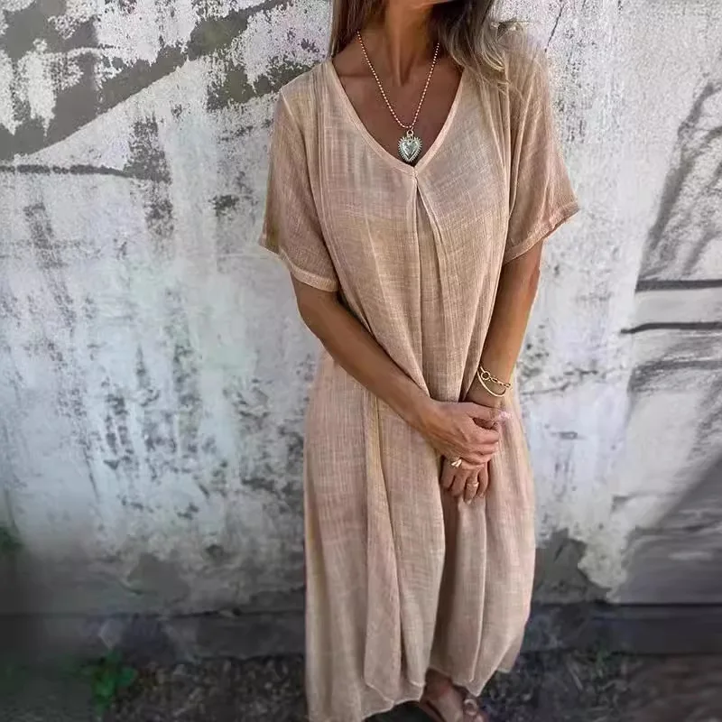 2024New Independent Station Casual Spring and Summer Loose Dress Short SleeveVCollar Solid Color Cotton and Linen Dress