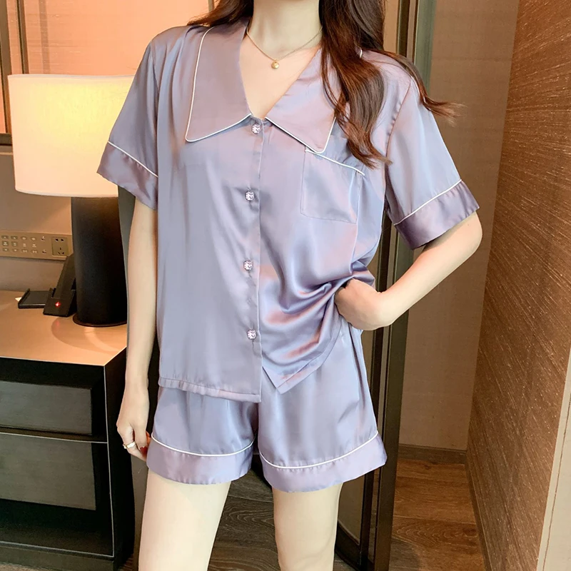 Elegant Rhinestone Button Purple Pajamas Women Y2k Simulated Silk Ladies Summer Short Lounges 2024 New Fashion Solid Nightwear